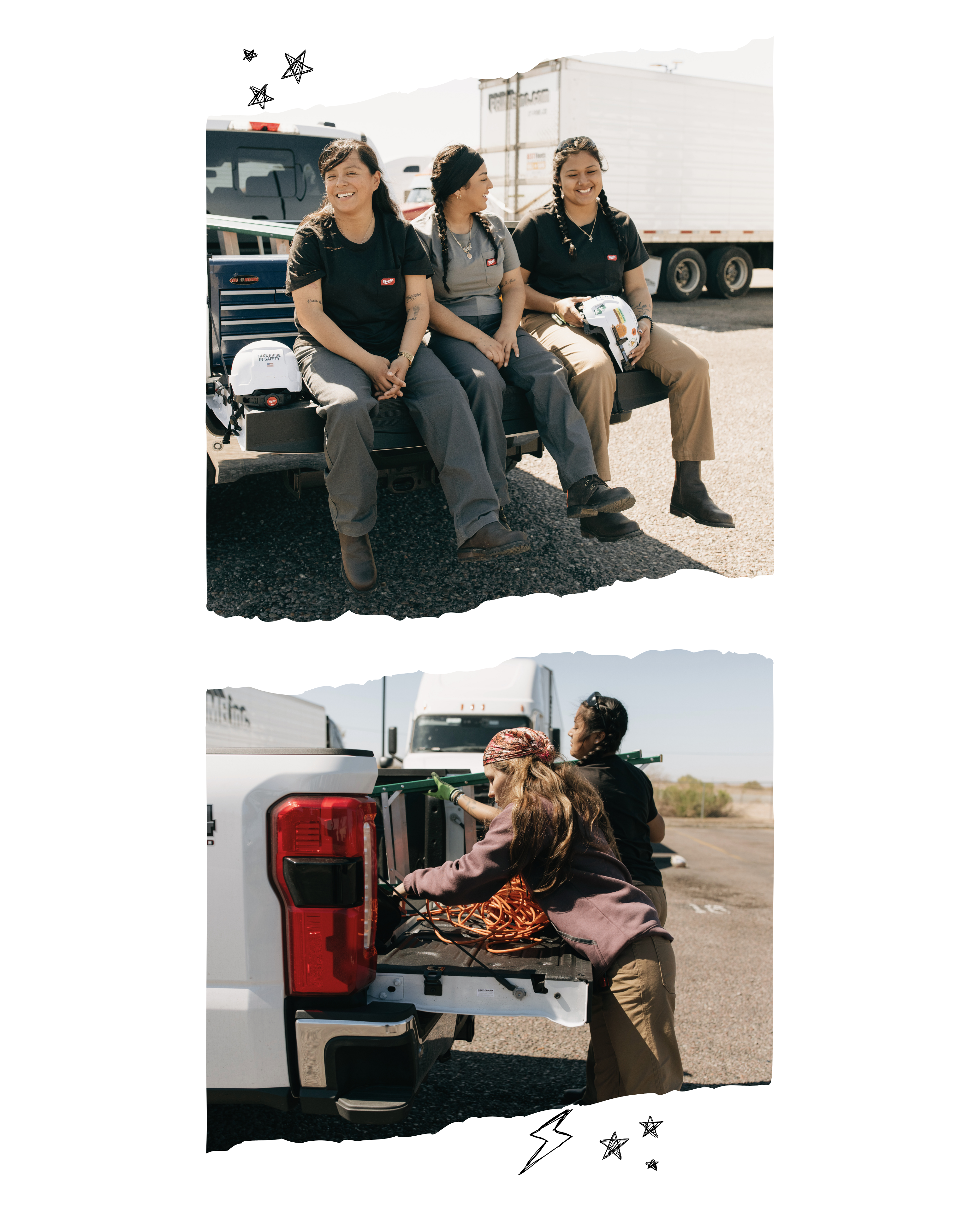 Three people sitting on a truck bed with a trailer in the background