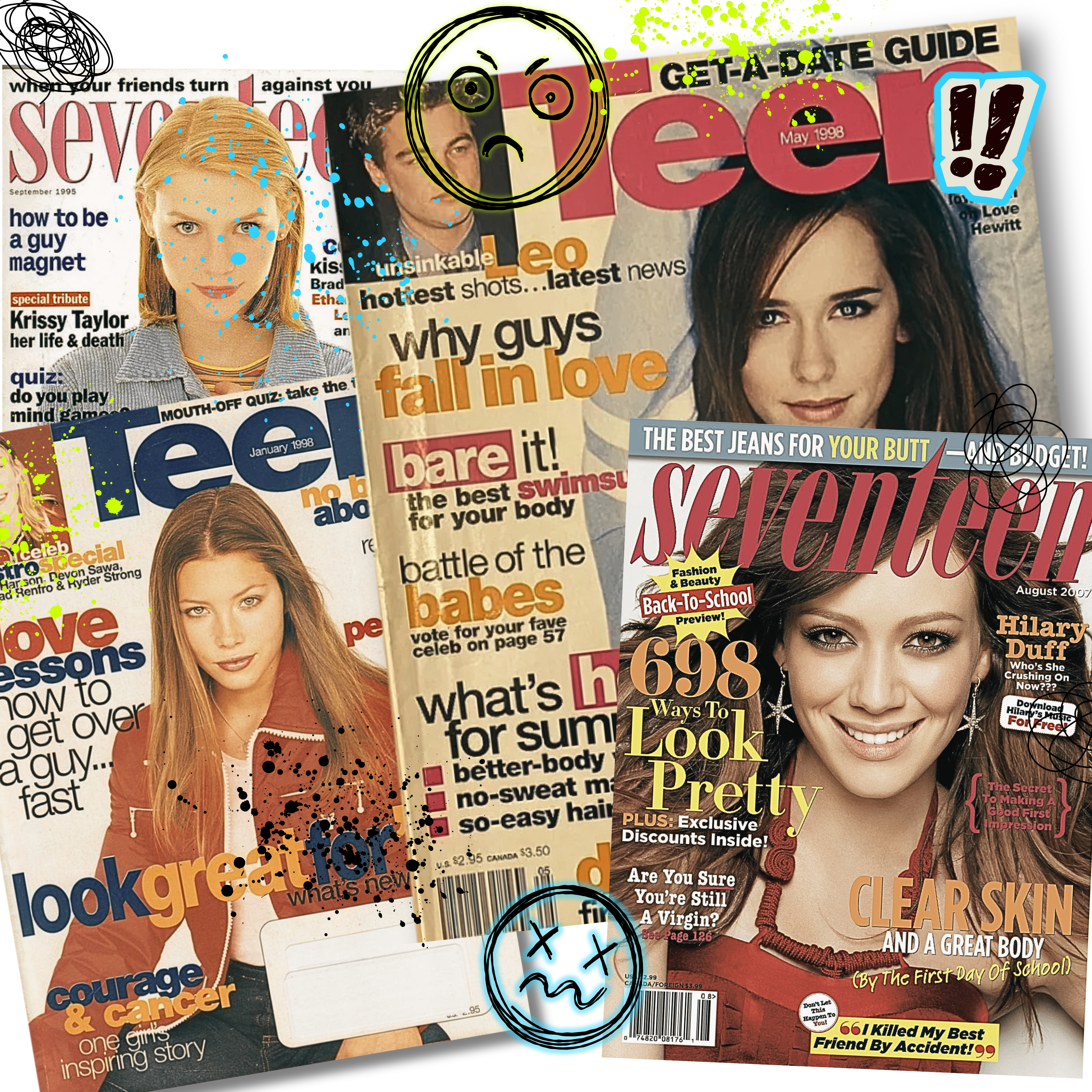 Collage of vintage magazine covers featuring young women on the cover.