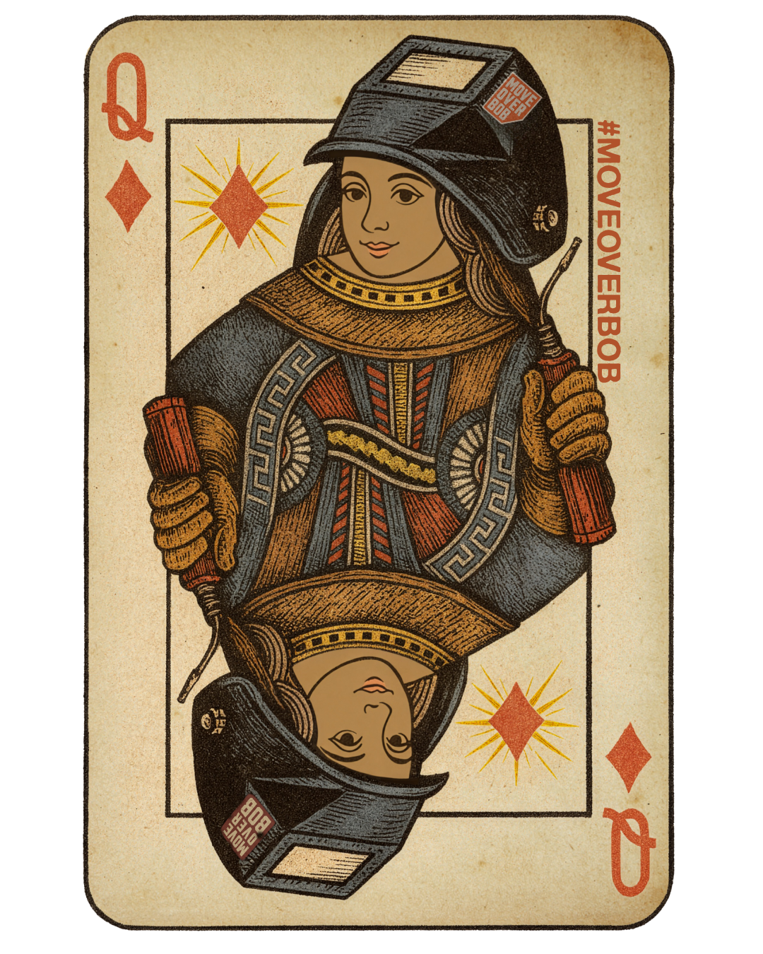 Queen of the Arc sticker: a woman welder as the queen of diamonds