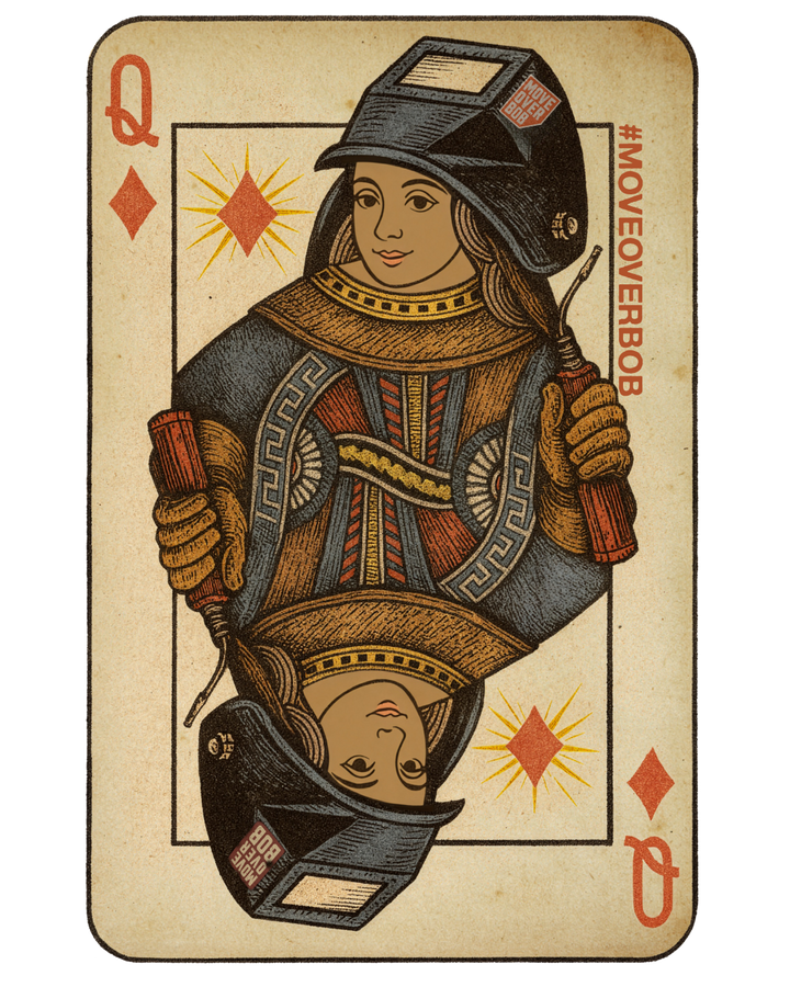 Queen of the Arc sticker: a woman welder as the queen of diamonds