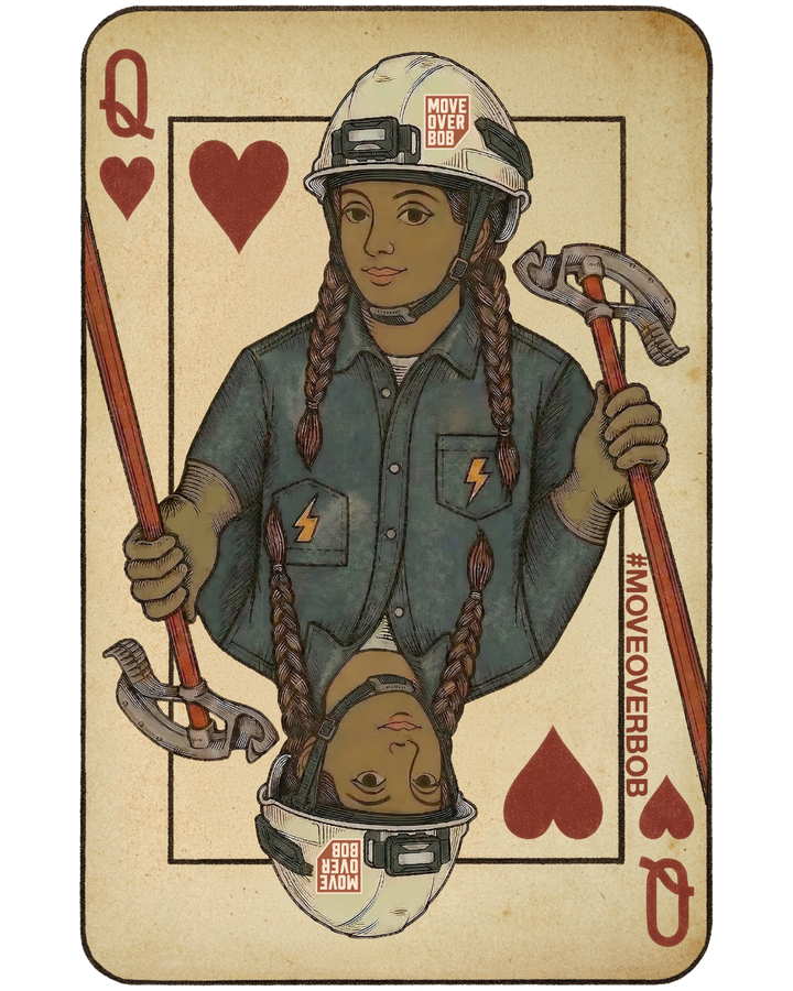 Queen of Conduit sticker: a woman electrician as the queen of hearts