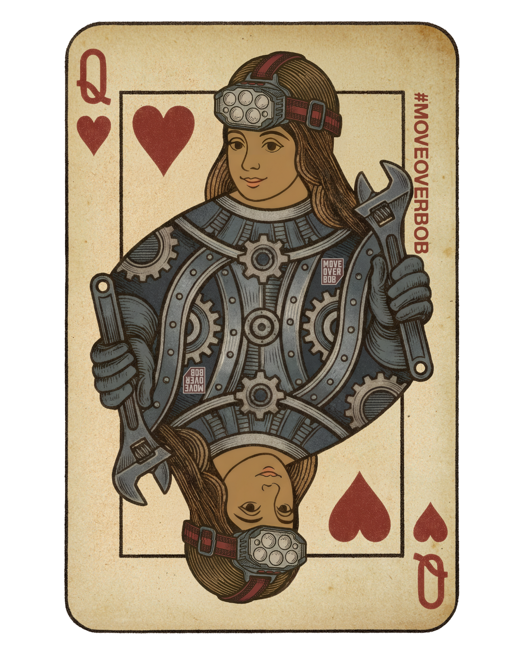 Queen of Torque sticker: a woman mechanic as the queen of hearts