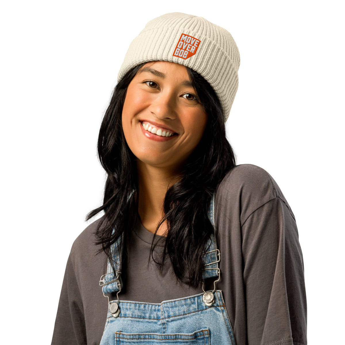 Front view of the ecru Move Over Bob fisherman beanie