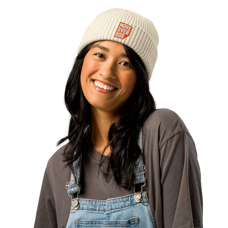 Front view of the ecru Move Over Bob fisherman beanie