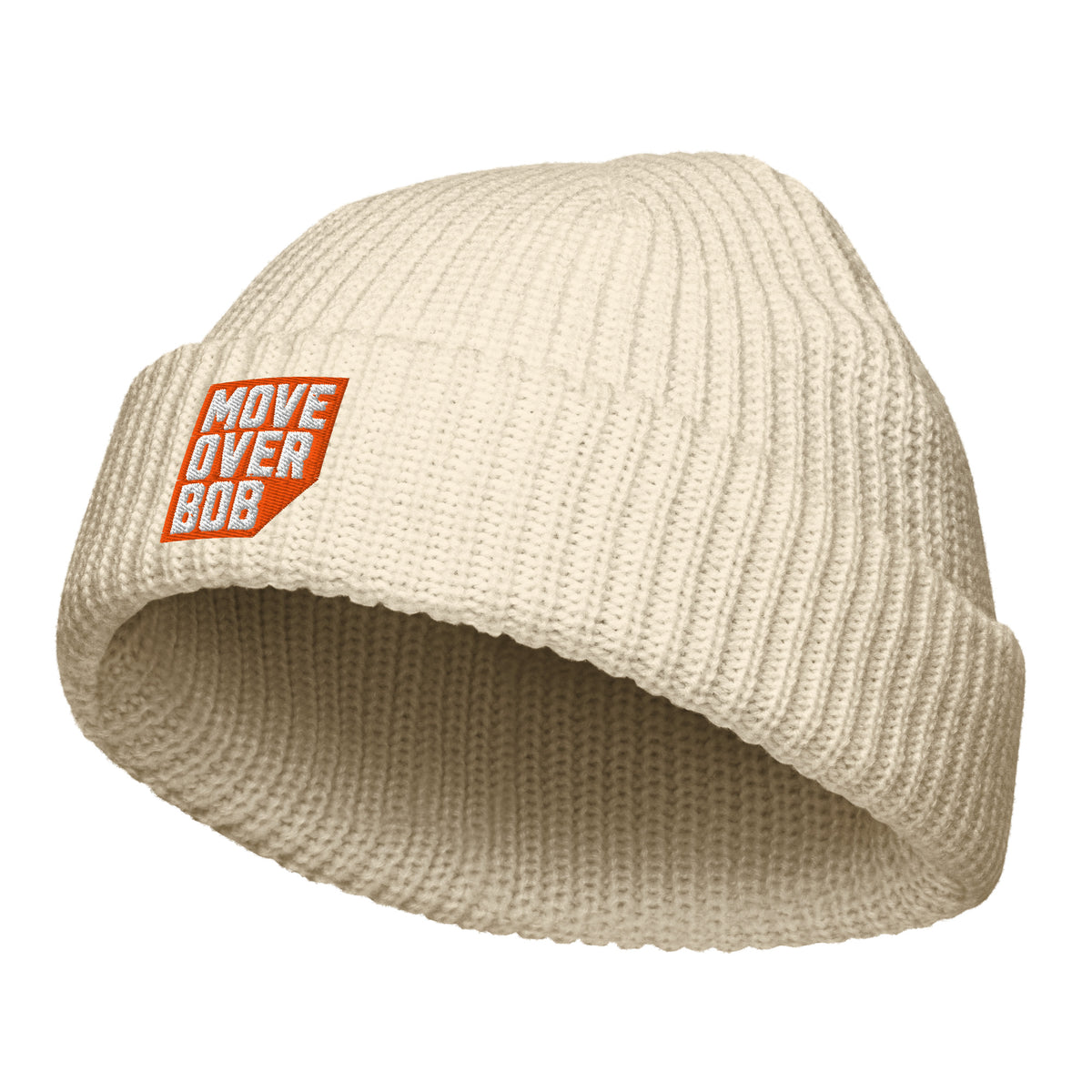 Ecru fisherman beanie with an orange and white embroidered Move Over Bob logo on the cuff