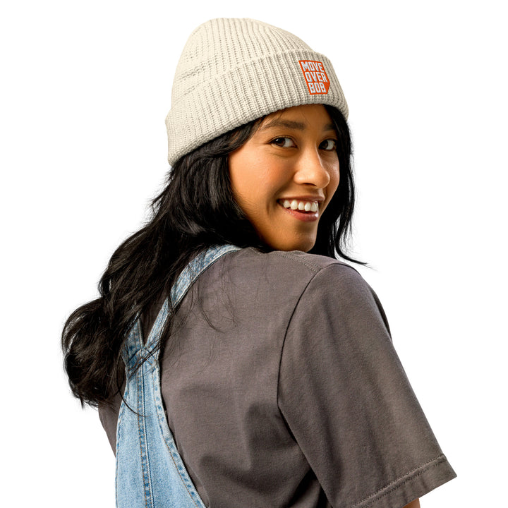 Side view of the ecru Move Over Bob fisherman beanie
