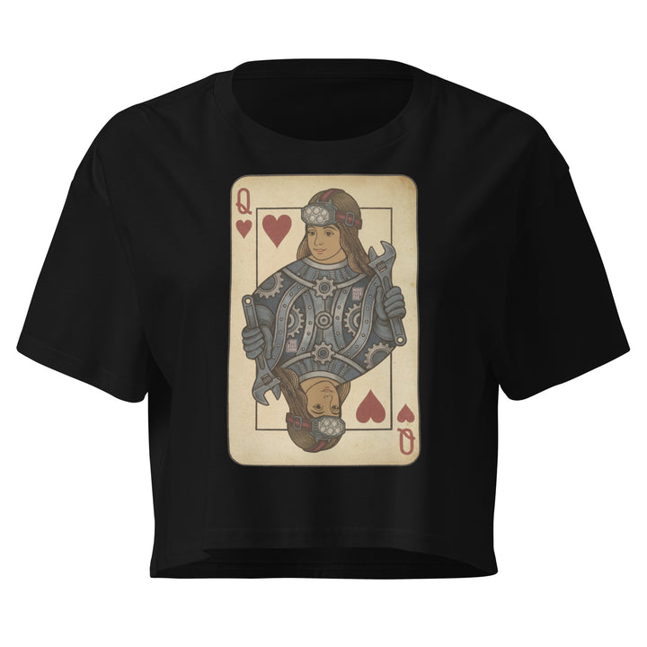 Black Queen of Torque crop tee with a woman mechanic as the queen of hearts